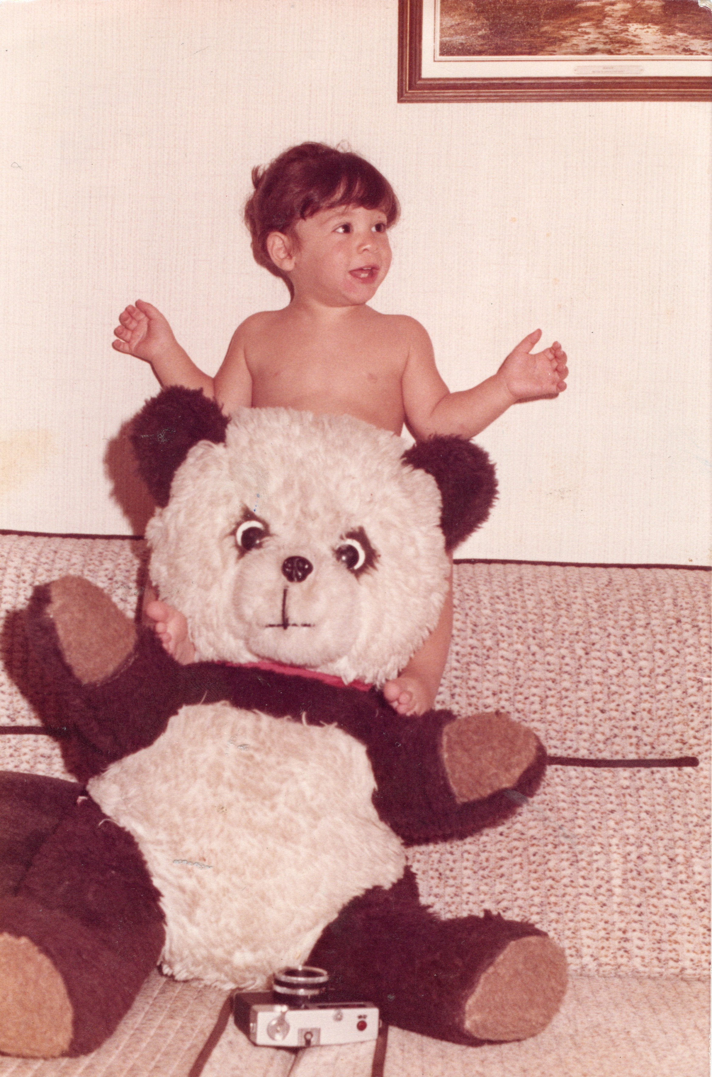 A young child sitting with a large stuffed panda bear — the coach as a toddler